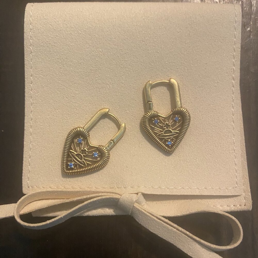 Vivienne Westwood Gold Heart Earrings with Blue Crystal Accents - Picture 6 of 6